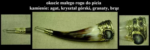 Zdjęcie produktu Okucie małego rogu do picia z kamieniami: agat, kryształ górski, granaty,brąz